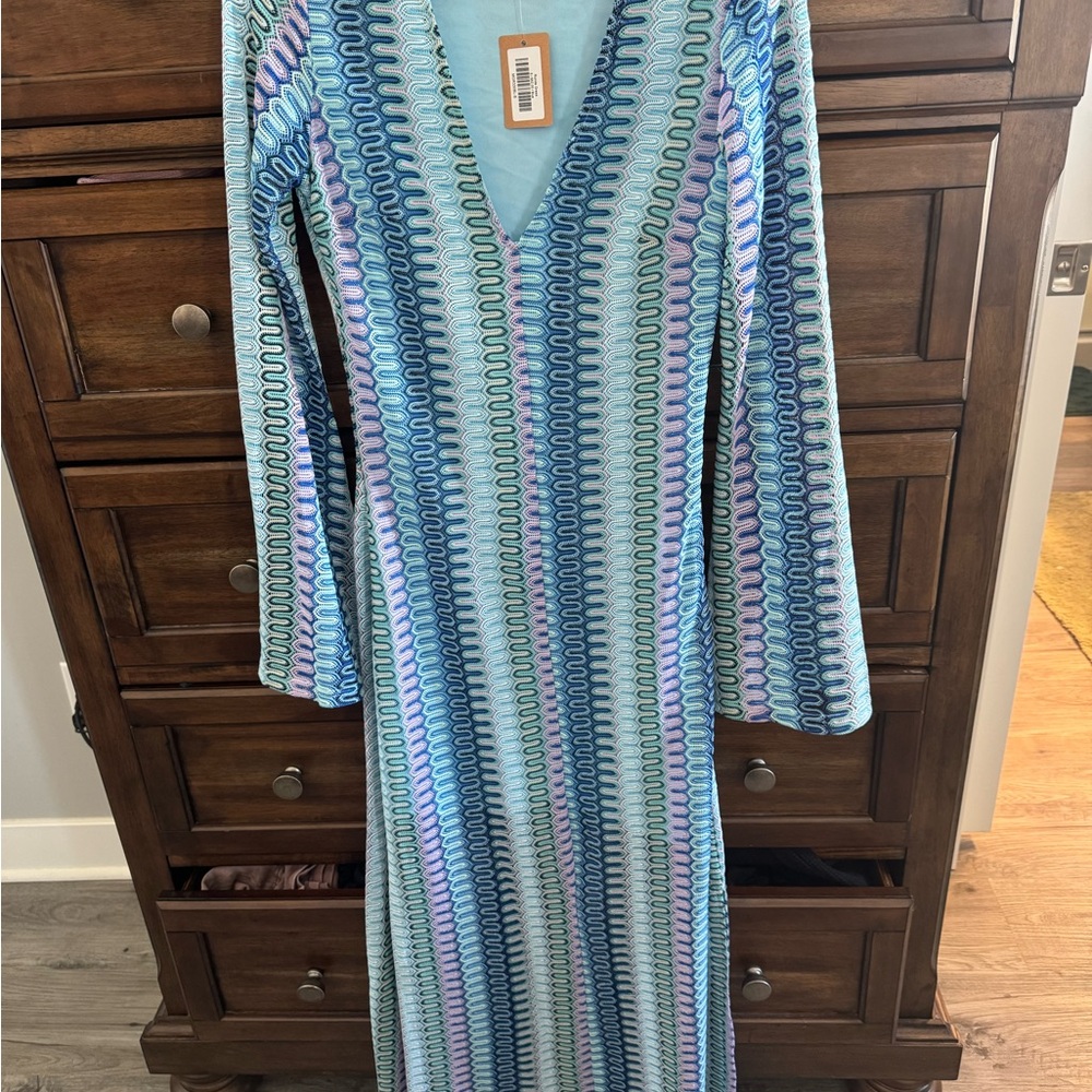 Vestique Blue and Purple Patterned Long Sleeve Dress